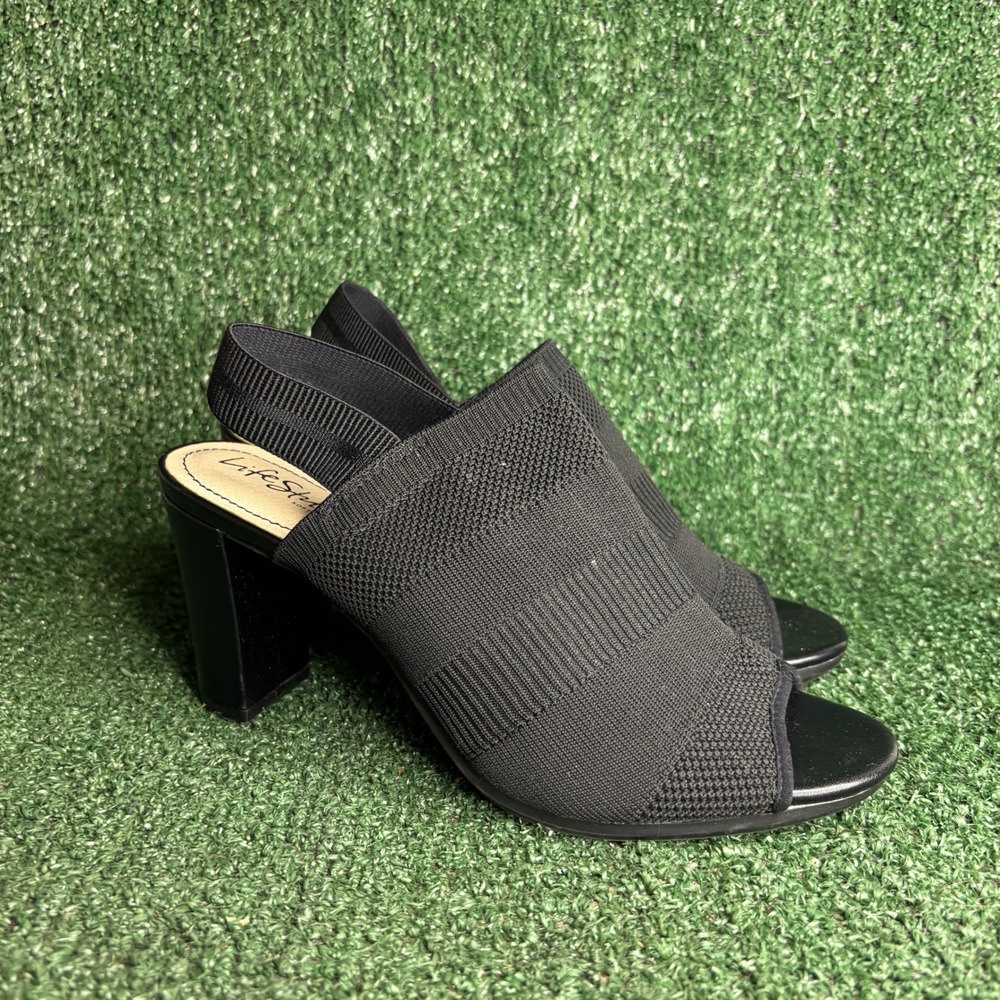 LifeStride Afton Knit Block Heel Peep Toe Slingback Sandals Black Womens Size 8M